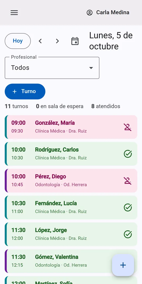 Agenda del día de Atiendo en el celular, con los turnos de cada profesional