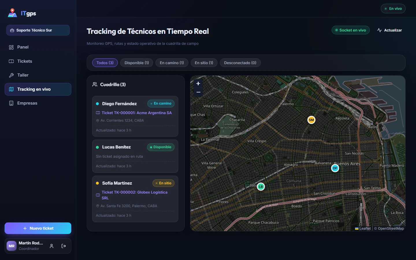 Mapa de ITgps con la ubicación en vivo de los técnicos