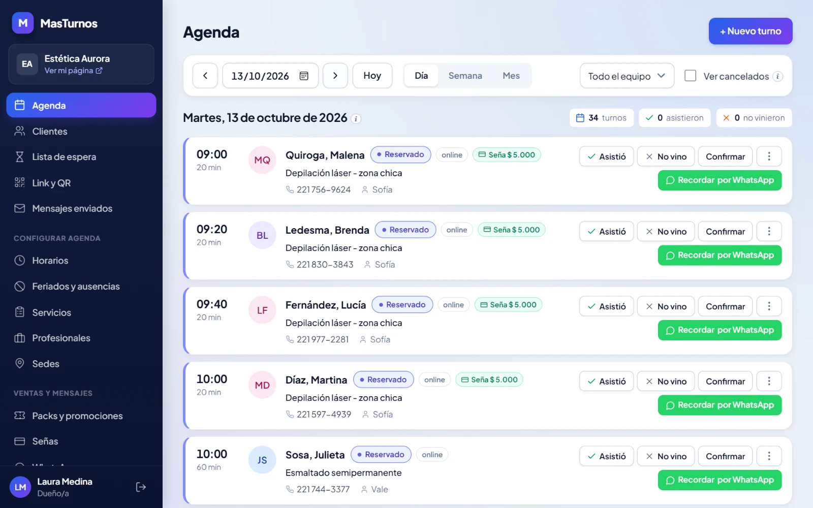 Agenda del día en MasTurnos, con las reservas online y los recordatorios por WhatsApp
